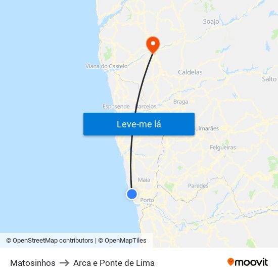 Matosinhos to Arca e Ponte de Lima map