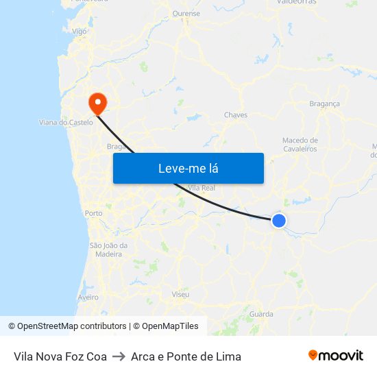 Vila Nova Foz Coa to Arca e Ponte de Lima map