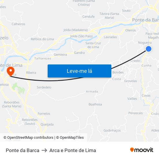 Ponte da Barca to Arca e Ponte de Lima map