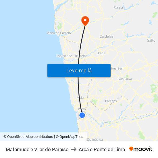 Mafamude e Vilar do Paraíso to Arca e Ponte de Lima map