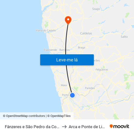 Fânzeres e São Pedro da Cova to Arca e Ponte de Lima map