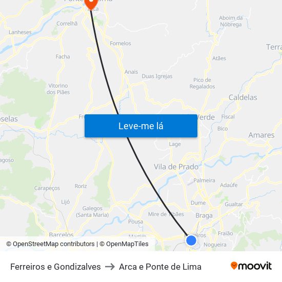 Ferreiros e Gondizalves to Arca e Ponte de Lima map