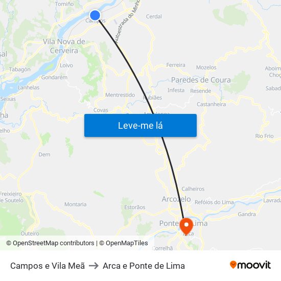 Campos e Vila Meã to Arca e Ponte de Lima map