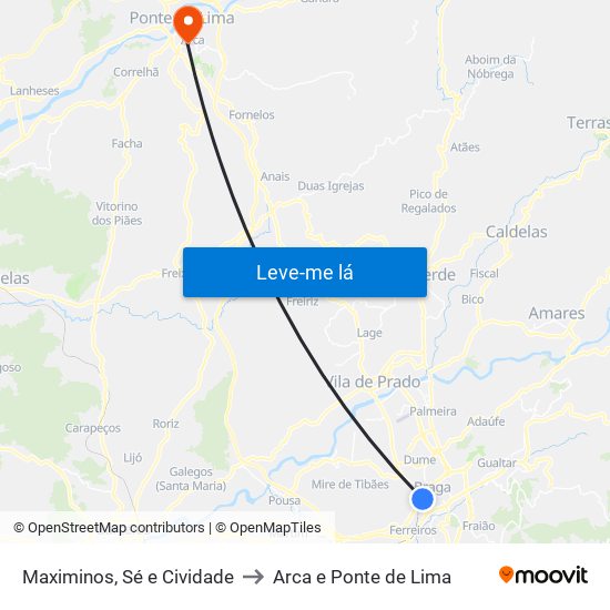 Maximinos, Sé e Cividade to Arca e Ponte de Lima map