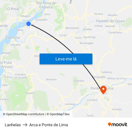 Lanhelas to Arca e Ponte de Lima map