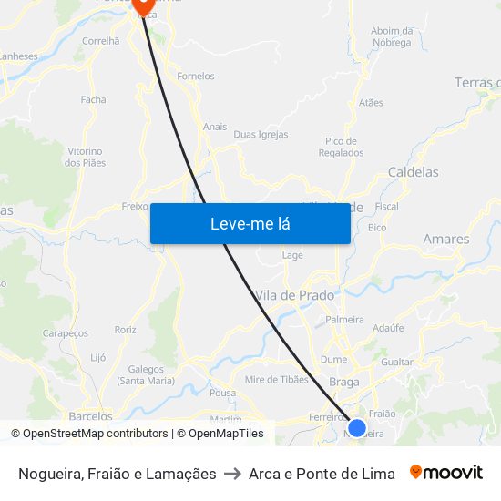 Nogueira, Fraião e Lamaçães to Arca e Ponte de Lima map