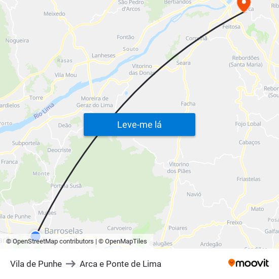 Vila de Punhe to Arca e Ponte de Lima map
