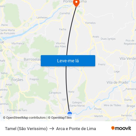 Tamel (São Veríssimo) to Arca e Ponte de Lima map