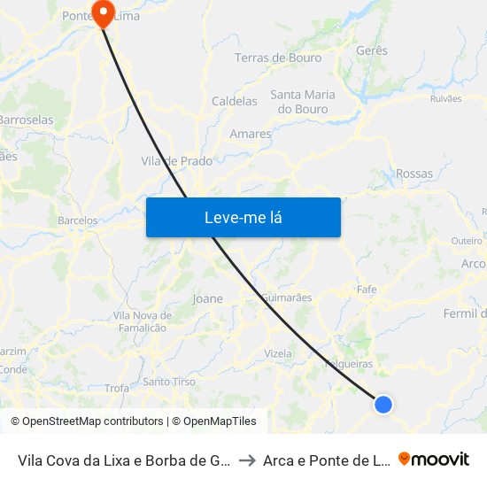 Vila Cova da Lixa e Borba de Godim to Arca e Ponte de Lima map