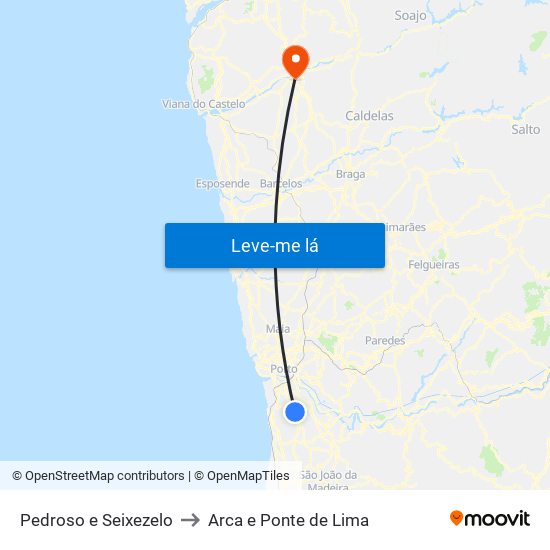 Pedroso e Seixezelo to Arca e Ponte de Lima map