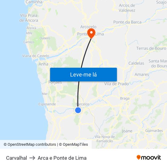 Carvalhal to Arca e Ponte de Lima map
