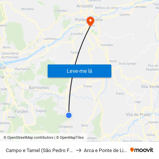 Campo e Tamel (São Pedro Fins) to Arca e Ponte de Lima map