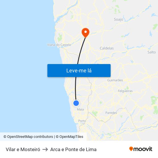 Vilar e Mosteiró to Arca e Ponte de Lima map