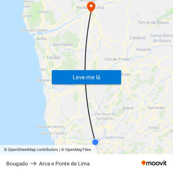 Bougado to Arca e Ponte de Lima map