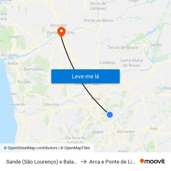 Sande (São Lourenço) e Balazar to Arca e Ponte de Lima map