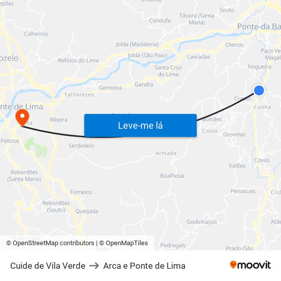Cuide de Vila Verde to Arca e Ponte de Lima map
