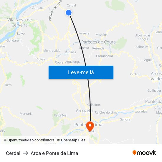 Cerdal to Arca e Ponte de Lima map