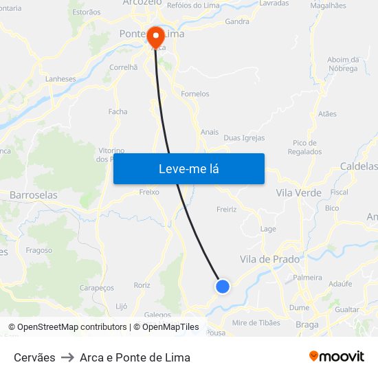 Cervães to Arca e Ponte de Lima map
