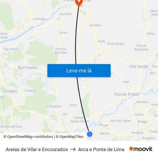 Areias de Vilar e Encourados to Arca e Ponte de Lima map