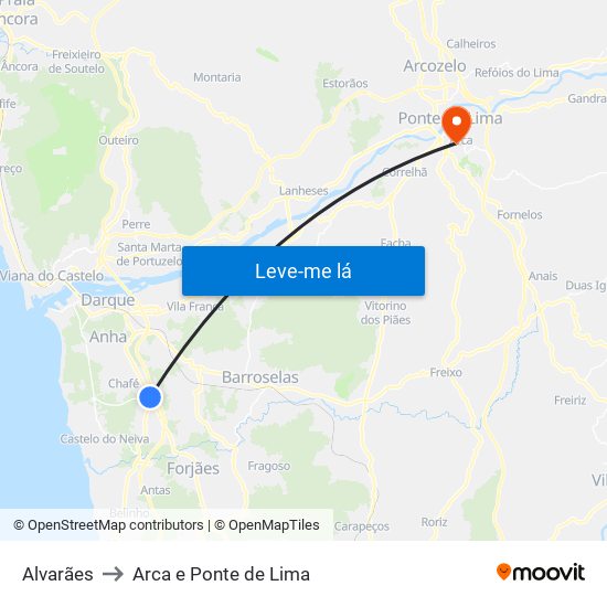 Alvarães to Arca e Ponte de Lima map