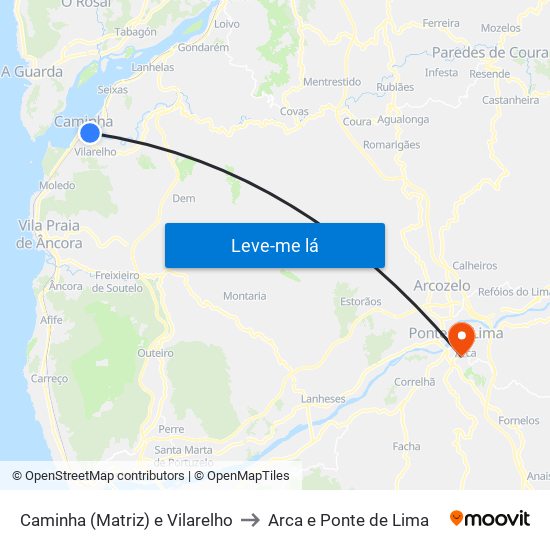 Caminha (Matriz) e Vilarelho to Arca e Ponte de Lima map