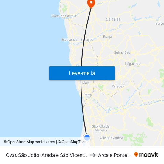 Ovar, São João, Arada e São Vicente de Pereira Jusã to Arca e Ponte de Lima map