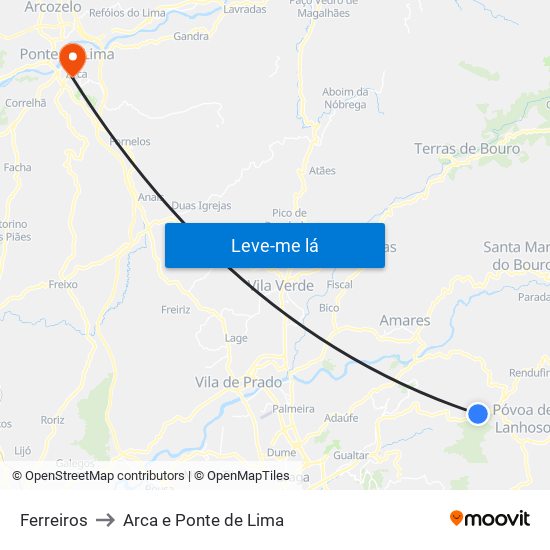 Ferreiros to Arca e Ponte de Lima map