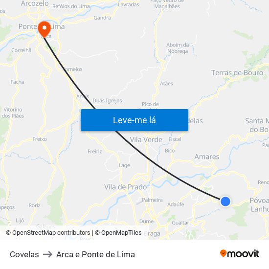 Covelas to Arca e Ponte de Lima map