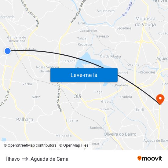 Ílhavo to Aguada de Cima map