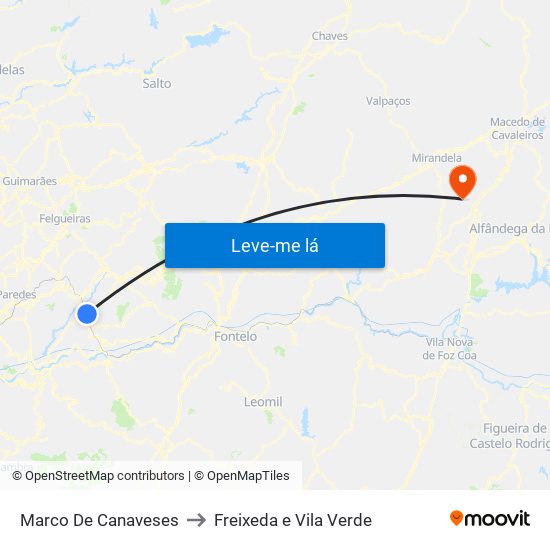 Marco De Canaveses to Freixeda e Vila Verde map