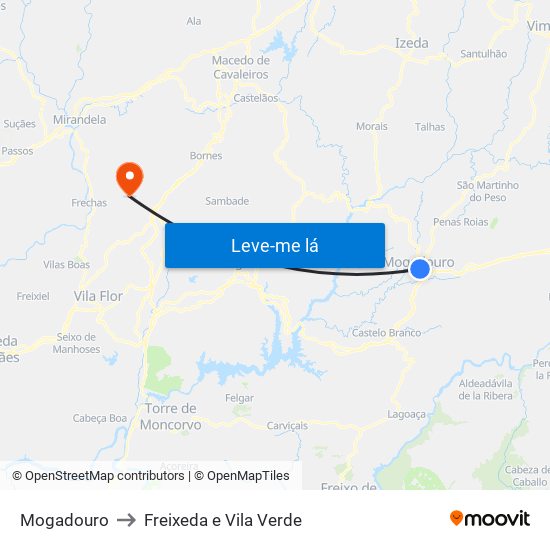 Mogadouro to Freixeda e Vila Verde map