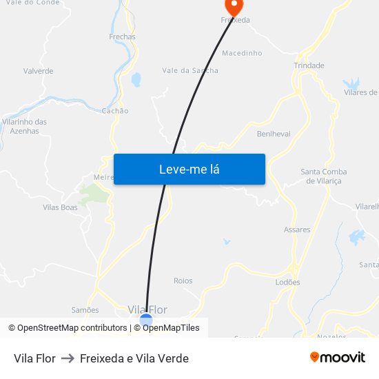 Vila Flor to Freixeda e Vila Verde map