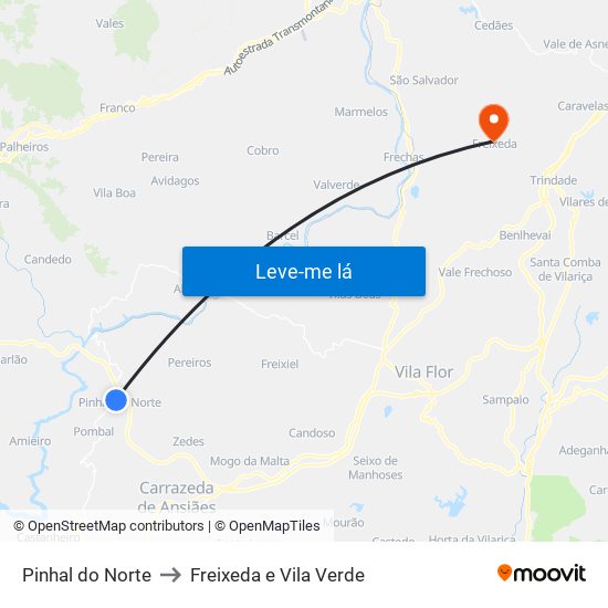 Pinhal do Norte to Freixeda e Vila Verde map