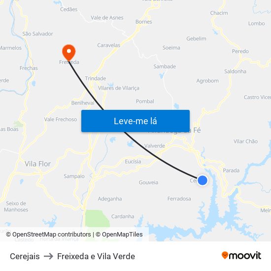 Cerejais to Freixeda e Vila Verde map