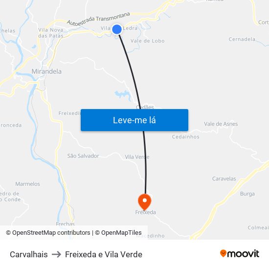 Carvalhais to Freixeda e Vila Verde map