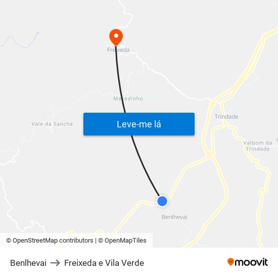 Benlhevai to Freixeda e Vila Verde map