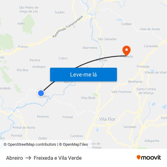 Abreiro to Freixeda e Vila Verde map