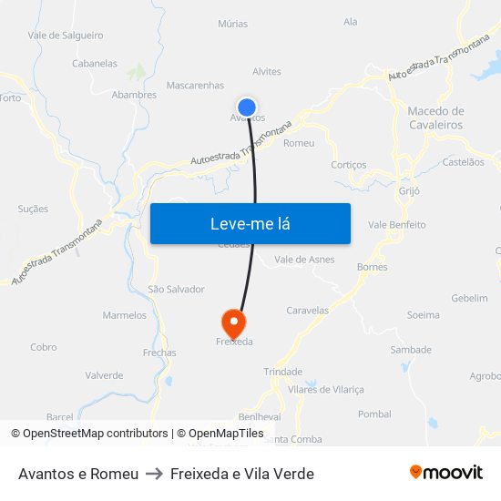 Avantos e Romeu to Freixeda e Vila Verde map