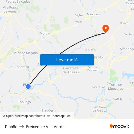 Pinhão to Freixeda e Vila Verde map