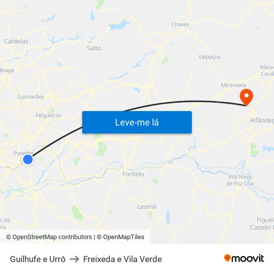 Guilhufe e Urrô to Freixeda e Vila Verde map