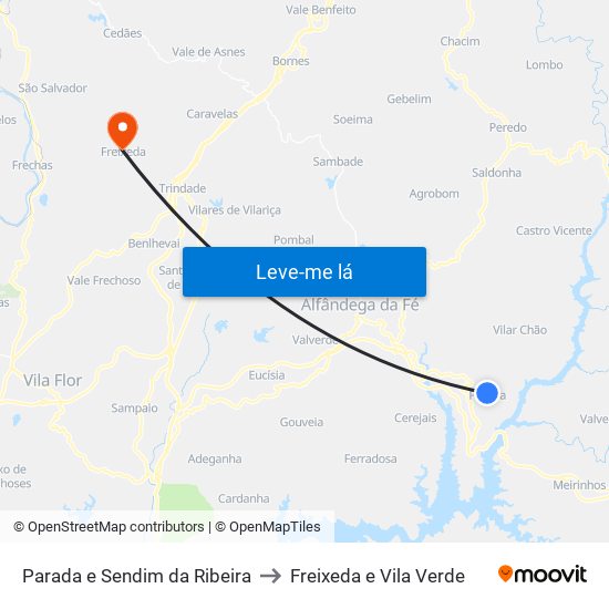 Parada e Sendim da Ribeira to Freixeda e Vila Verde map