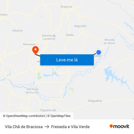 Vila Chã de Braciosa to Freixeda e Vila Verde map