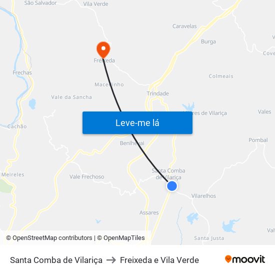 Santa Comba de Vilariça to Freixeda e Vila Verde map