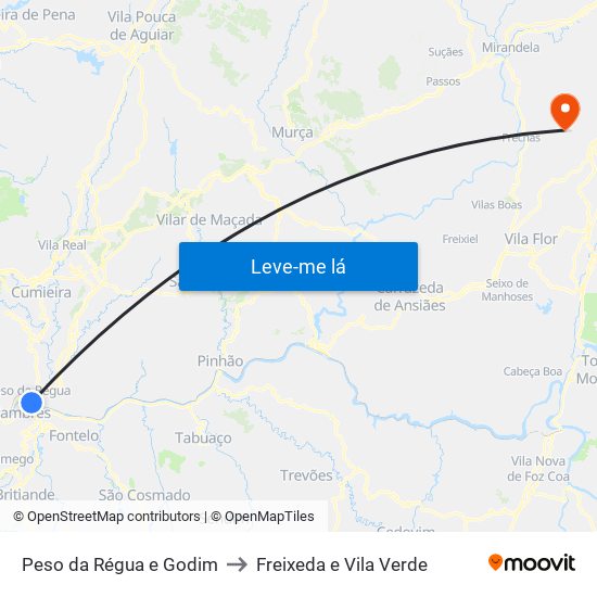 Peso da Régua e Godim to Freixeda e Vila Verde map