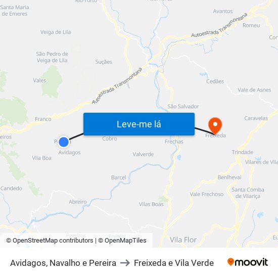 Avidagos, Navalho e Pereira to Freixeda e Vila Verde map