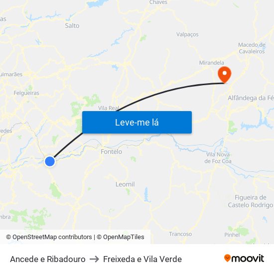Ancede e Ribadouro to Freixeda e Vila Verde map