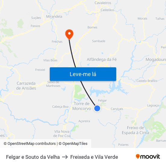 Felgar e Souto da Velha to Freixeda e Vila Verde map
