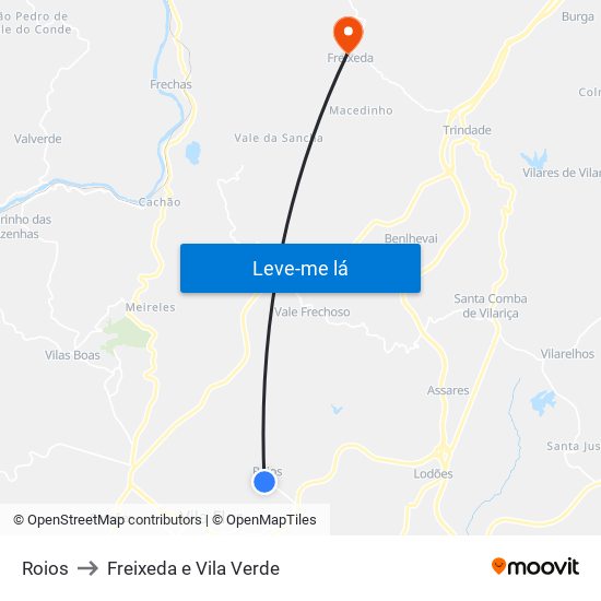 Roios to Freixeda e Vila Verde map