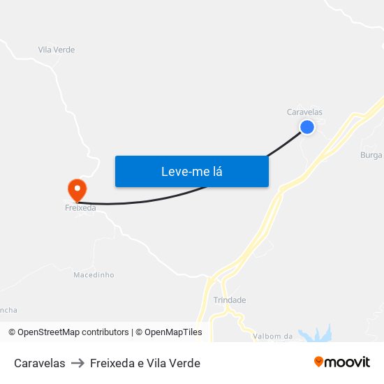 Caravelas to Freixeda e Vila Verde map