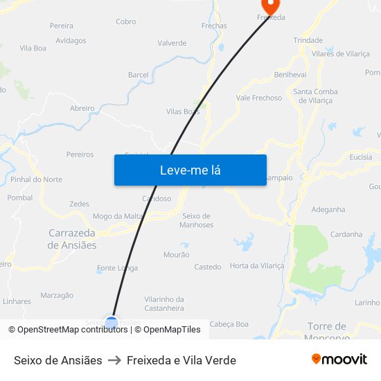 Seixo de Ansiães to Freixeda e Vila Verde map